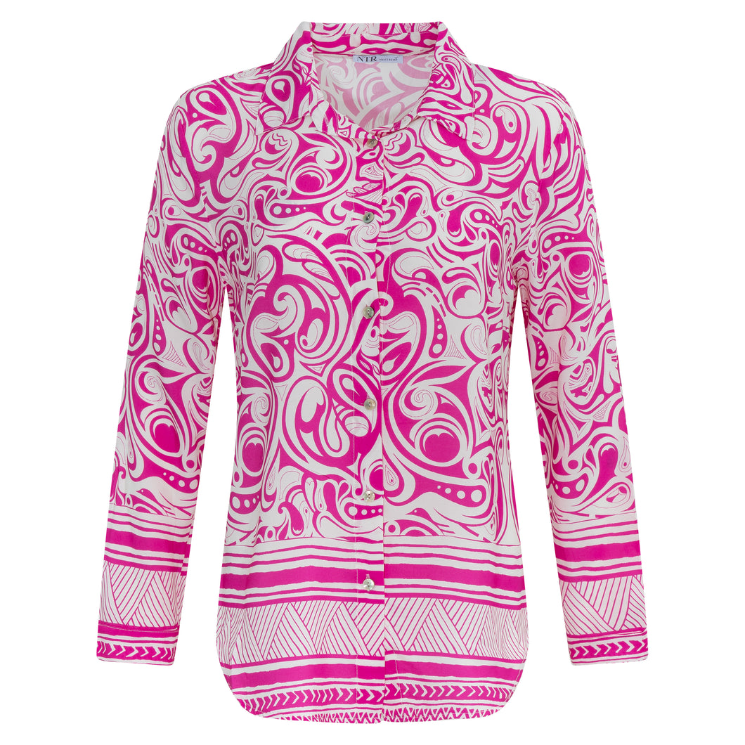 6306OR Bluse Hemdkragen Ornament Druck