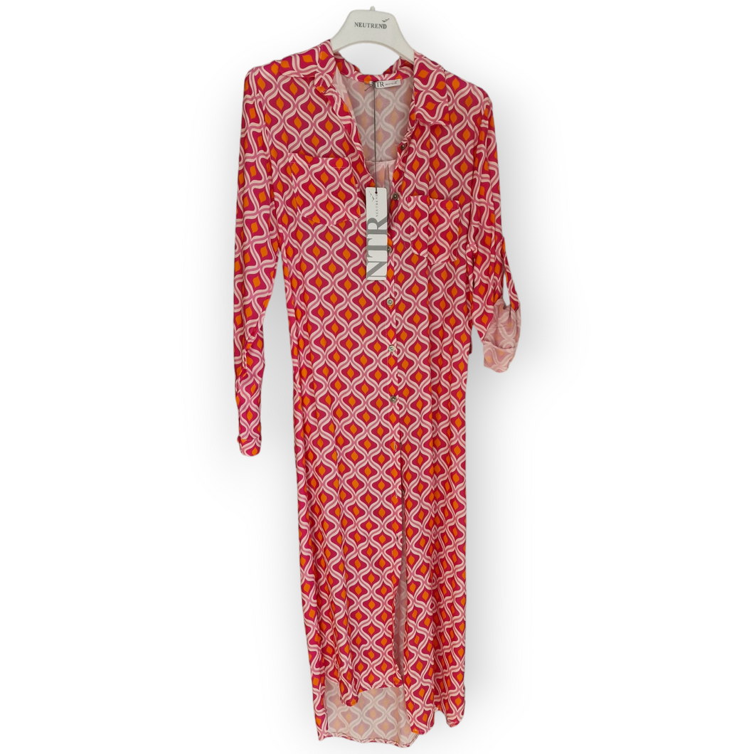 6402RE Kleid Hemdkragen Retrodruck pink